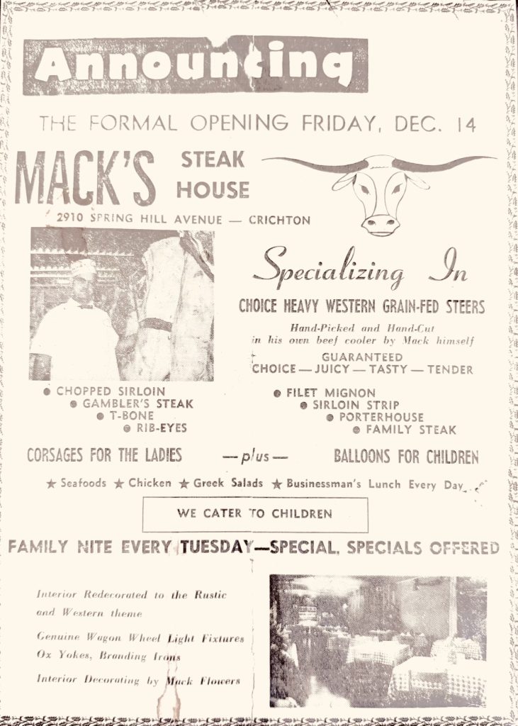 Newspaper advertisement announcing the formal opening of Mack's Steak House at 2910 Spring Hill Avenue in Crichton