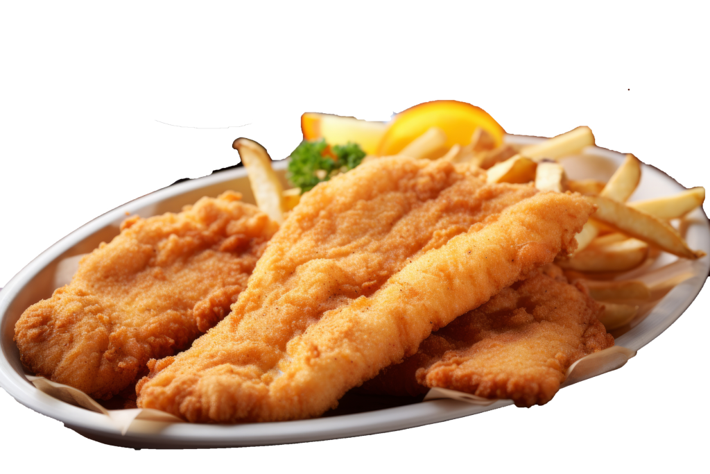 A plated fried catfish dinner made with Mack's Fishfry Seasoning