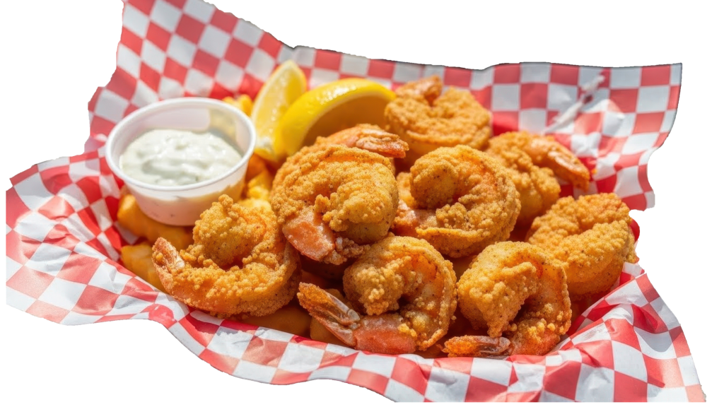 A basket of fried shrimp served with Mack's Cocktail Sauce