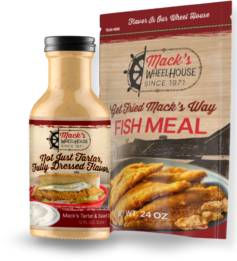 The gumbo base, fish fry seasoning, tartar sauce and cocktail sauce together