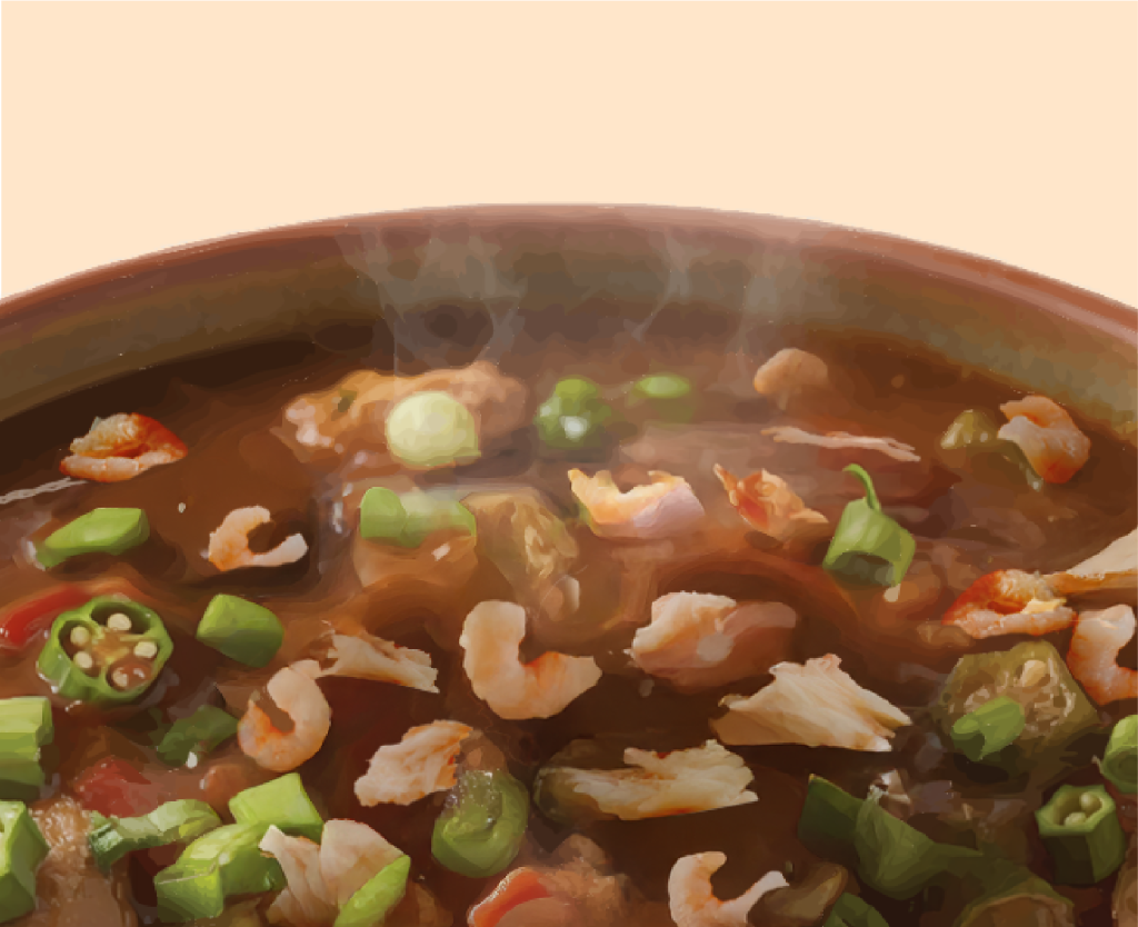 A bowl of gumbo over rice made with Mack's Boil & Serve Gumbo
